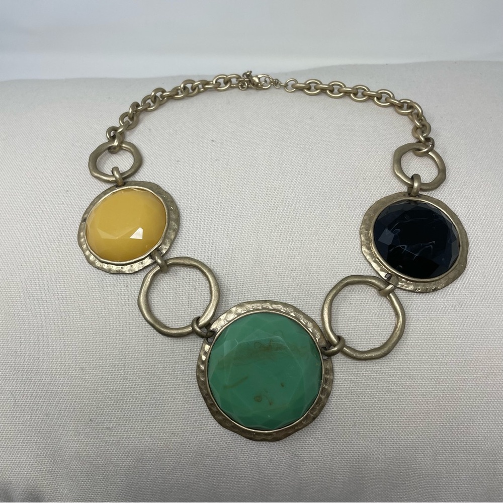 Source Unknown Gold-Tone Necklace with Green, Yellow & Black Gem Discs